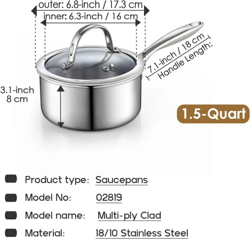 Vista 2 de Cooks Standard - Cacerola de acero inoxidable con tapa, olla de salsa recubierta de múltiples capas de 1.5 cuartos de galón, plateada