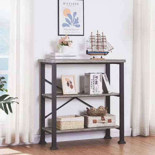 Vista 18 de HOMBAZAAR Estantería de 3 niveles, estantería industrial marrón rústico, estantería profunda de madera y metal, estantería baja para sala de estar