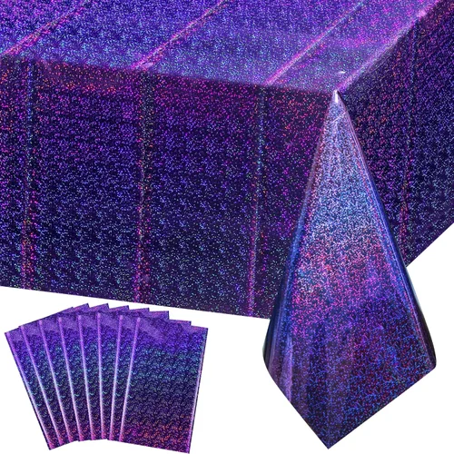 Vista 18 de 3 paquetes de mantel de plástico a cuadros negro y iridiscente, cubiertas de mesa rectangulares brillantes desechables con láser, mantel holográfico