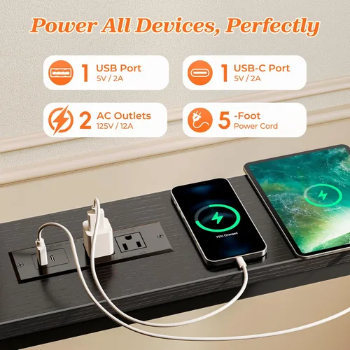 Vista 5 de SUPERJARE - Mesa de sofá de 79 pulgadas con 2 tomas de corriente y puertos USB-C, mesa consola estrecha de 5.9 pulgadas con almacenamiento, mesa