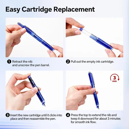 Vista 2 de WRITECH Clictek Pluma estilográfica retráctil: tinta azul, plumín mediano, barril transparente, set de regalo incluye 5 cartuchos de tinta para una