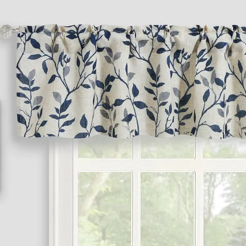 Vista 9 de Cenefa de cocina de lino, cenefas de cortina con estampado de hojas de árbol para baño, dormitorio, sala de estar, decoración de granja con bolsillo
