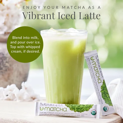 Vista 4 de The Republic of Tea – Organic U•Matcha Single Sips, polvo de té verde matcha naturalmente cafeinado, 14 paquetes