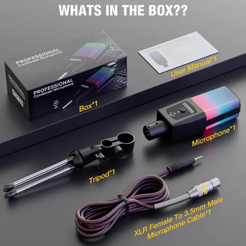 Vista 7 de Micrófono condensador multifunción, micrófono para juegos de luz RGB, XLR de 0.138 in, Plug and Play para PC/portátil/mezclador de interfaz