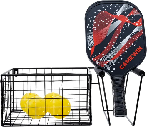 Vista 7 de MyGift 16 Inch Wall Mounted Metal Pickleball Paddle Rack and Storage, Hanging Equipment Organizer with Racket Holder and Basket for Balls