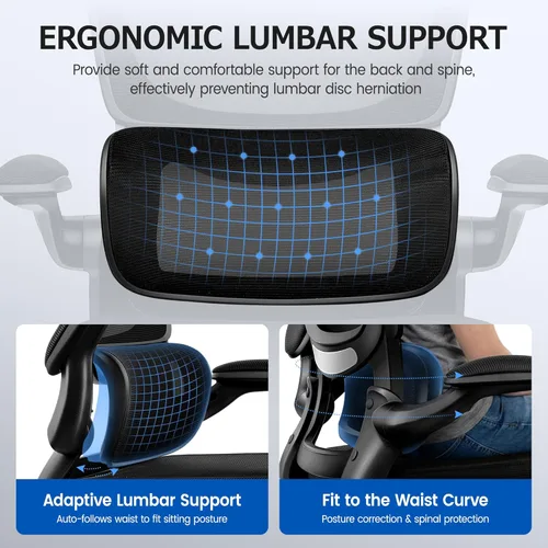 Vista 4 de ALLGOD Silla de oficina ergonómica, silla de escritorio ergonómica de malla transpirable con soporte lumbar, reposabrazos abatibles, sillas