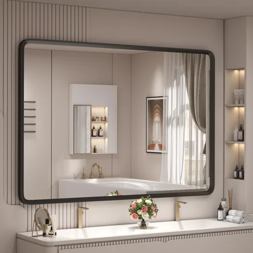 Vista 20 de Espejo rectangular con marco mate negro de 20x30 pulgadas para baño, espejo de tocador para pared de baño con esquinas redondeadas, antióxido y a