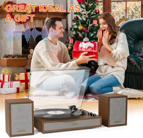Vista 5 de Tocadiscos de vinilo con altavoces externos para estantería, 33-1/3, 45, 78 RPM, tocadiscos estéreo Bluetooth vintage para discos de vinilo, sistema