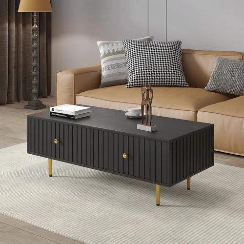 Vista 8 de HedoAjim Mesa de centro moderna con almacenamiento con 2 cajones grandes, mesa auxiliar rectangular negra para sala de estar, mesa de té acanalada