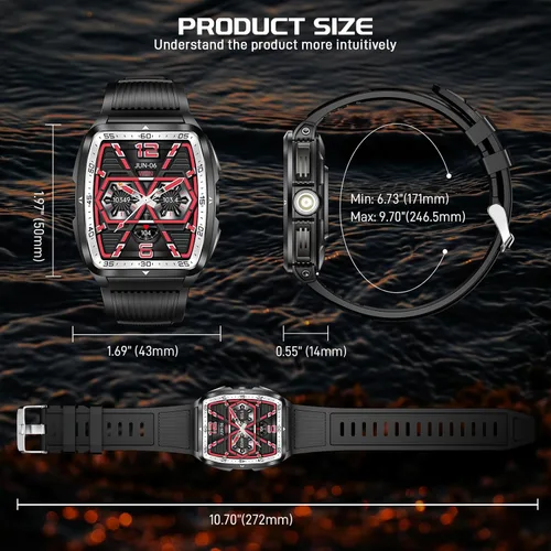 Vista 8 de Reloj inteligente militar para hombre, resistente al agua, 5 ATM, con linterna LED, luz UV, pantalla grande de 1.8 pulgadas, resistente al aire