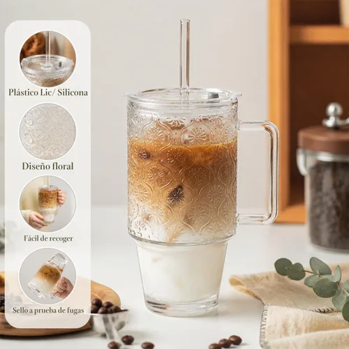 Vista 5 de KEMORELA Vaso de vidrio acanalado de 24 onzas con asa y tapa, tazas de café 24oz-Begonia