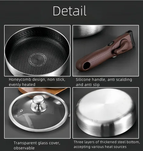 Vista 5 de Asa desmontable de acero inoxidable de 8 pulgadas con tapa, para cocinar en la cocina, acampar al aire libre, almacenamiento conveniente