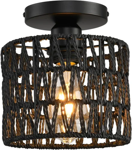 Vista 19 de Lámpara de Techo, Lámpara de Techo de Ratán Tejida a Mano de Montaje Empotrado, Lámparas de Techo Estilo Granja Montaje de Techo Boho para Pasillo