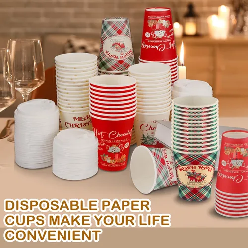 Vista 5 de Gerrii Juego de 100 vasos de papel de Navidad desechables de 12 onzas con tapas, tazas de chocolate caliente, tazas de café, tazas calientes