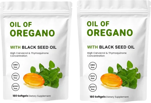 Paquete de 2 cápsulas blandas de aceite de orégano, aceite de orégano 2 en 1 con aceite de semilla negra de 200 mg, sin gluten de podafu