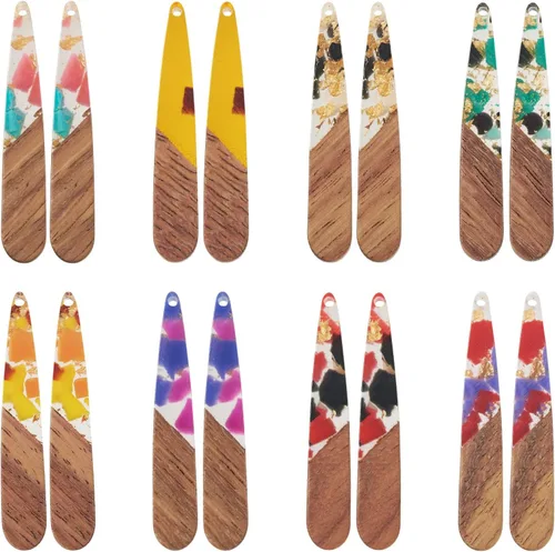 Vista 28 de Beadthoven - Dijes de madera de resina para bricolaje, colgantes de aretes de lágrima multicolor, triángulo, círculo redondo, rombo, barra