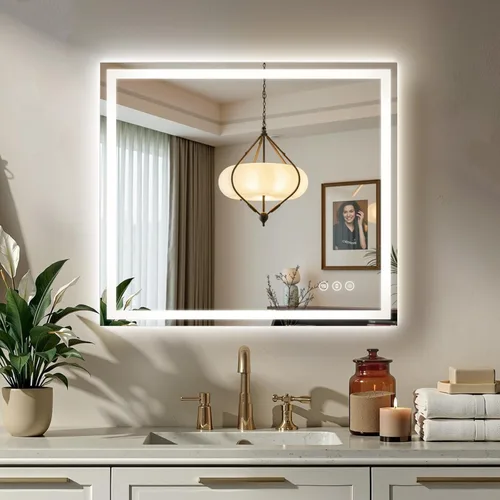 Vista 25 de Espejo de baño LED de 16 x 24 pulgadas con luces, antiniebla, retroiluminado + luz frontal, espejo de tocador de baño iluminado para pared, función