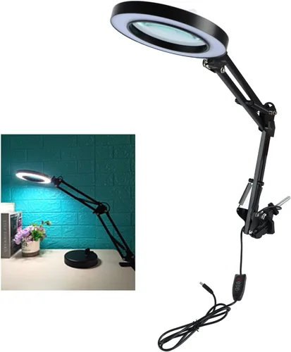 Vista 3 de Lámpara de aumento LED con abrazadera, 2.200 lupa regulable súper brillante con luz y soporte, lámpara de lupa de brazo giratorio ajustable