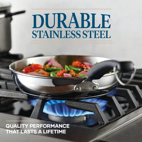 Vista 4 de Farberware Brilliance - Juego de ollas y sartenes de acero inoxidable con herramientas de cocina y tapas de vidrio, 10 piezas, apto