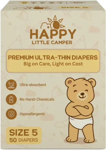 Happy Little Camper Pañales ultrafinos de alta calidad, talla 5, 31-35 libras, 50 unidades | Pañales desechables ultra absorbentes para pieles