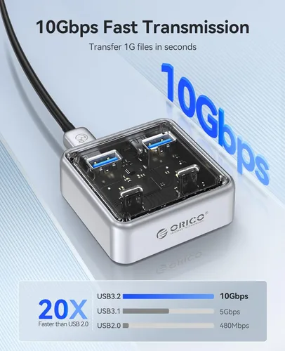Vista 2 de ORICO Concentrador USB-C de 10 Gbps, divisor USB 3.2 de aleación de zinc de 4 puertos con 2 puertos USB-A y 2 puertos USB-C, extensor de datos