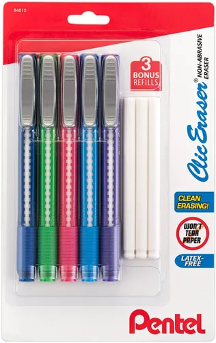 Pentel Clic Borrador retráctil, borradores de agarre estilo bolígrafo de colores surtidos, paquete de 5 + 3 recambios