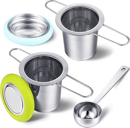 2 Pieces Tea Infusers Stainless Steel Strainer Folding Handle Filter Extra Filter Fine Mesh Strainer Brewing Basket with Lid for Loose Leaf Tea