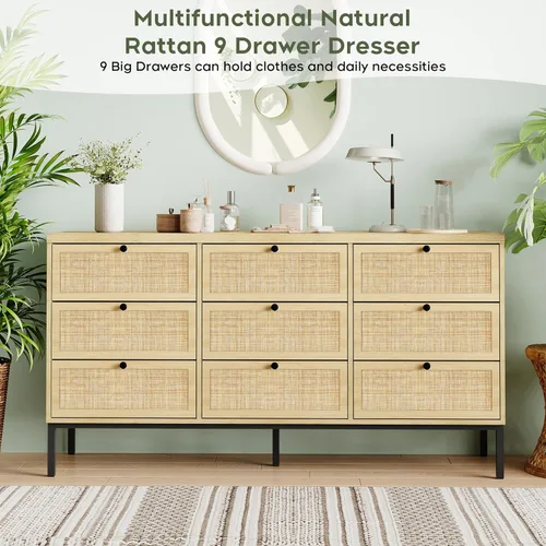 Vista 16 de Yechen Cómoda moderna de 6 cajones de 47.2 pulgadas de ancho con cajones de ratán natural, cómoda de madera industrial para dormitorio con patas