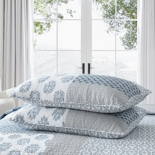 Vista 7 de Finlonte - Juego de edredón de algodón, individual, floral, rural, retazos reales, reversible, ligero y de color azul, gris y blanco para cama