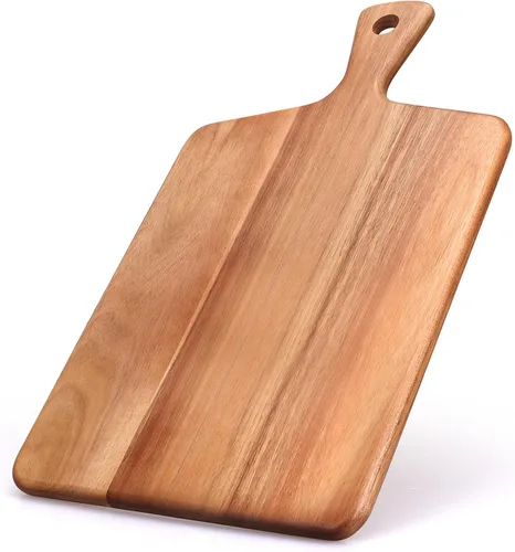 Vista 8 de Tabla de cortar de madera de acacia con mango para cocina, tablas de cortar de madera pequeñas para fruta, queso, pan, carne, charcutería, servir