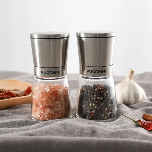 Vista 7 de VUCCHINI Juego de molinillo de sal y pimienta, molinillos de cerámica ajustables de acero inoxidable para mesa de cocina, color acero inoxidable