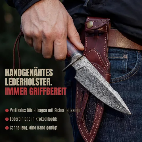 Vista 7 de BIGCAT ROAR Predator Hunter - Cuchillo de hoja fija de acero de Damasco hecho a mano de 10" - Mango de madera de olivo y funda de piel para cinturón
