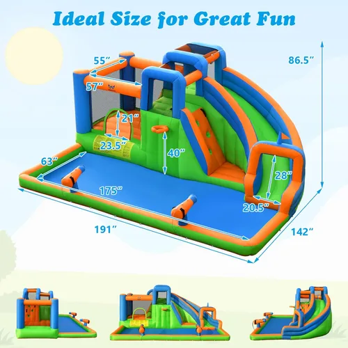 Vista 6 de BOUNTECH - Castillo inflable 9 en 1, tobogán de agua con zona de salto, pared de escalada, cañón de agua, piscina de salpicaduras, túnel, incluye
