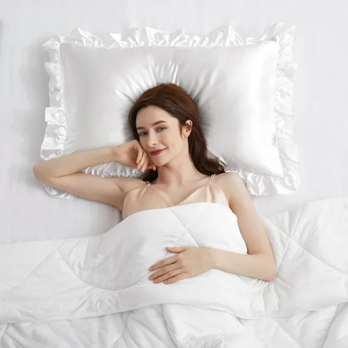 Vista 7 de Fundas de almohada de satén sedosas con volantes para cabello y piel, juego de 2 fundas de almohada de seda blanca tamaño Queen con cierre de sobre