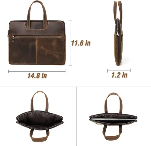 Vista 4 de Top Grain Leather - Maletín delgado para laptop de 15.4 pulgadas, diseño vintage con 5 bolsillos, hecho a mano, compatible con MacBook Pro/Air