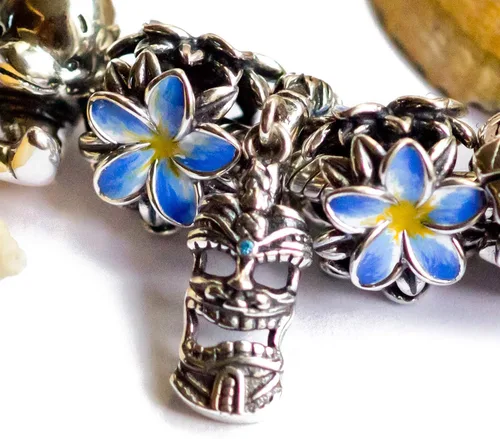 Vista 4 de Tiki Mask - Sterling Silver & Ocean Blue Crystal Dangle Charm S925, Tiki Mask Maori, Hawaiian Hibiscus Bamboo Hawaii Summer, Beach Summer Hawaii