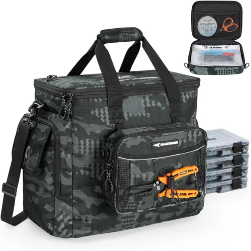 Vista 11 de KastKing BaitSpace Bolsa de aparejos de pesca con 4 cajas de aparejos y carpeta de cebo extraíble, almacenamiento de aparejos resistente al agua