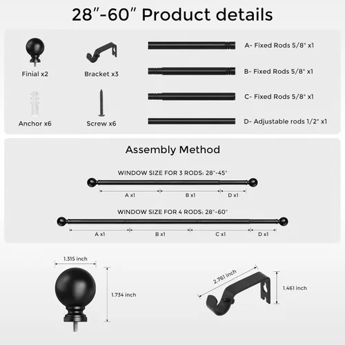 Vista 8 de Hei!Dear Barras de cortina para ventanas de 28 a 48 pulgadas (2.3 a 4 pies), ajustable de 5/8 pulgadas, barra de cortina decorativa de alta
