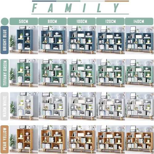 Vista 9 de IOTXY - Estantería de madera con espacios abiertos, 3 niveles, con patas, 10 cubos, color verde Tiffany
