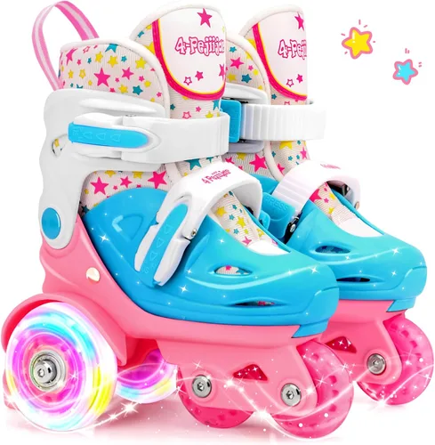 Vista 8 de Patines de ruedas ajustables para niños, niñas y señoras con ruedas que se iluminan con flash (edad 3-9), equilibrio de tres puntos, empaque de caja
