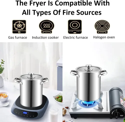Vista 4 de Freidora profunda de acero inoxidable 304 con cesta de filtro de aceite y termómetro, freidora profunda de 169 onzas, olla de cocina Tempura pequeña