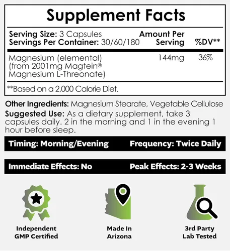 Vista 2 de Nootropics Depot Magtein Magnesium L-Threonate Cápsulas 90 unidades Suplemento mineral Natural Apoya la función mitocondrial Aumenta