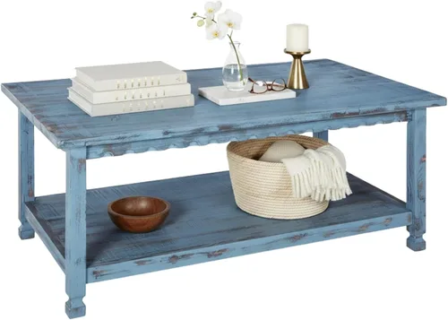 Mesa de centro rectangular rústica, 42 pulgadas de ancho x 24 pulgadas de profundidad x 18 pulgadas de alto, sala de estar azul antiguo, con (1) 36