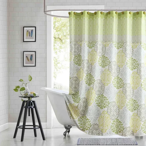 Vista 11 de Cortina de ducha larga de tela, cortinas de ducha de damasco bohemio con estampado de paisley en vino burdeos y oro amarillo, cortinas impermeables