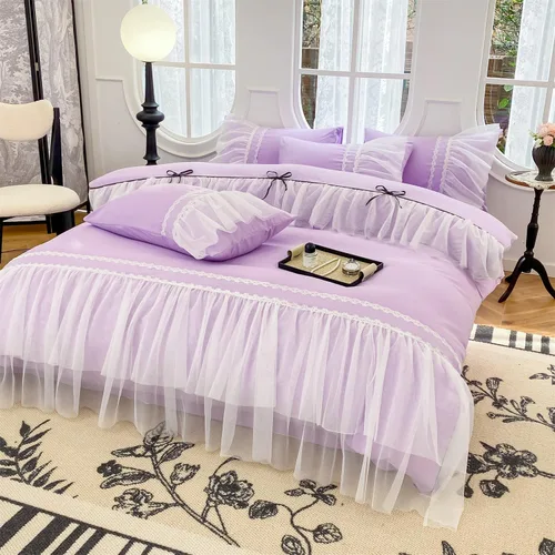 Vista 5 de SOUKECHY Juego de funda de edredón de encaje con volantes, funda de edredón con lazo, ropa de cama de princesa para niños, 100% poliéster, juego