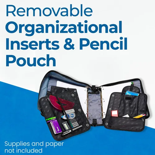 Vista 4 de Case-it La Carpeta Dual 2 en 1 con Cremallera Dos Anillos en D de 1.5 Pulgadas, Capacidad para 600 Hojas, Estuche para Lápices y Múltiples