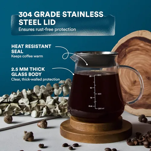 Vista 3 de Glass Range - Servidor de café para verter sobre café y té, 20.3 fl oz/20oz Ovalware apto para microondas y resistente al calor, cuerpo de vidrio