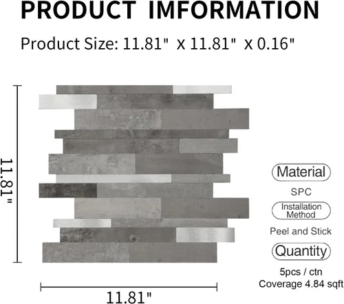 Vista 2 de COLAMO Azulejos de piedra sintética gris cemento de lujo, azulejos de mosaico de mezcla de metal de aluminio plateado para salpicaduras de cocina