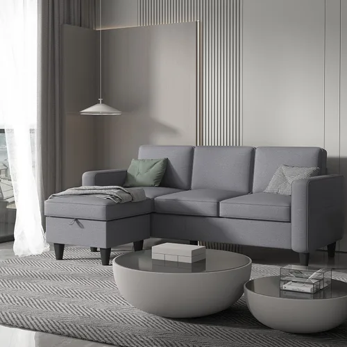 Vista 10 de Sofá seccional convertible beige en forma de L, moderno sofá de 3 asientos de tela de lino con otomana de almacenamiento para sala de estar, espacio