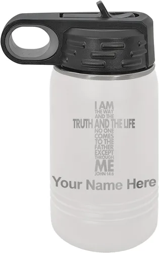 Vista 14 de LaserGram Botella de agua de doble pared abatible de 12 onzas con pajilla, versículo bíblico John 14-6, grabado personalizado incluido